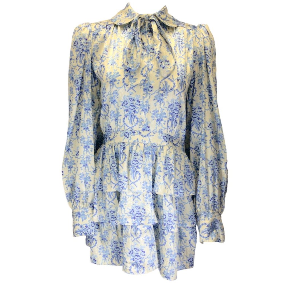 LOVESHACKFANCY IVORY / BLUE DALY FROSTED SHORES PRINT FLORAL SATIN MINI DRESS